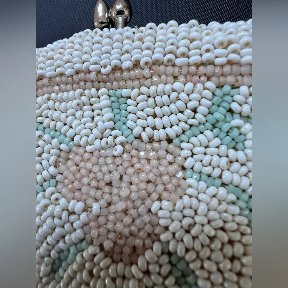 Vintage Beaded Finger Clutch Belt Bag Cream Floral Hand Made in Belgium 1940s